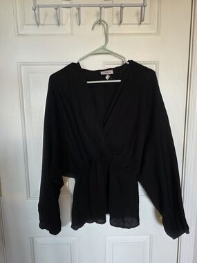 Andree Black Surplice V-Neck Smocked-Waist Blouse